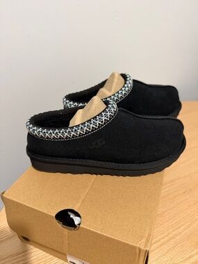 UGG Black Suede Slip-On Mules with Woven Collar